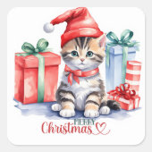 Tabby Kitten in Weihnachtsmannmütze Frohe Weihnach Quadratischer Aufkleber (Vorderseite)