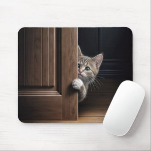 Tabby Kitten Pinkeln um eine Holztür Mousepad