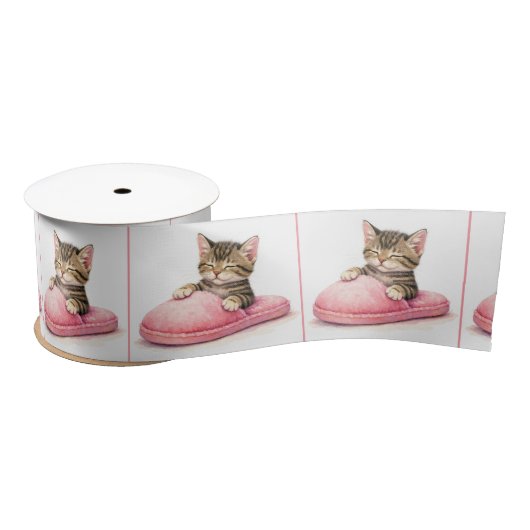 Tabby Kitten Sleeping in a Pink Slipper Satinband (Spule)