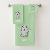 Tabby Kitty Cat & Name Text auf Light Green Badhandtuch Set (Insitu)