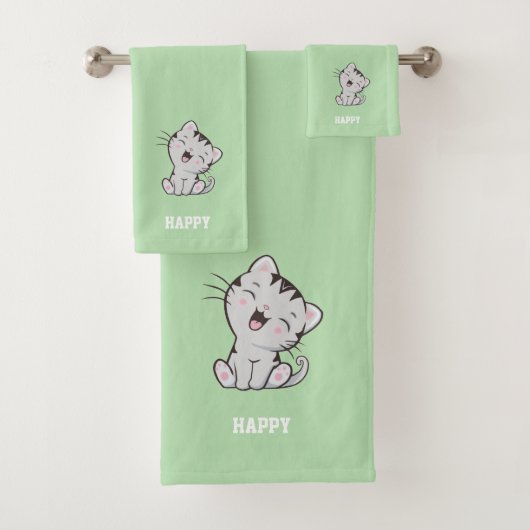 Tabby Kitty Cat & Name Text auf Light Green Badhandtuch Set (Insitu)