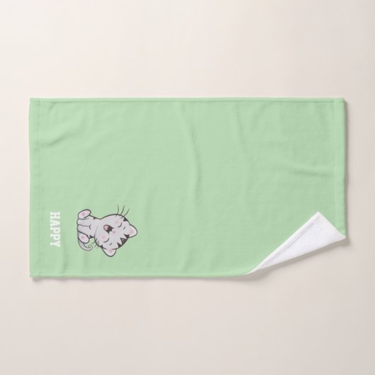 Tabby Kitty Cat & Name Text auf Light Green Badhandtuch Set (Handtuch)