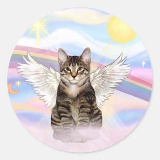 Tabby Tiger Cat Angel in Wolken Runder Aufkleber (Vorderseite)