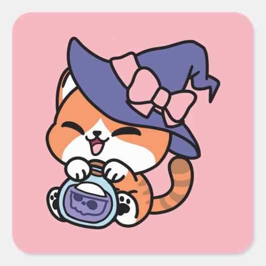 Tabby Witch Brew – Cute Halloween Cat Design Quadratischer Aufkleber (Vorderseite)