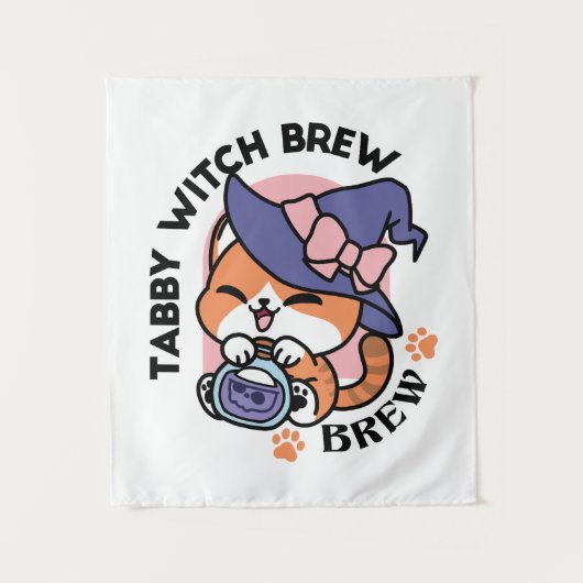 Tabby Witch Brew - Niedliches Halloween Cat Design Wandteppich (Vorderseite)