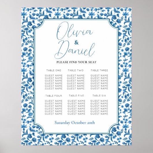 Tabelle 6 Sitzplan Hochzeit Chintz Blue & White Poster (Vorne)