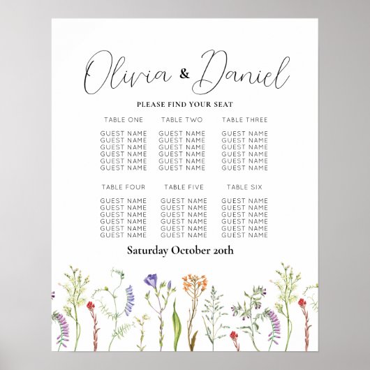 Tabelle 6 Sitzplan Hochzeiten Wildblumen Poster (Vorne)