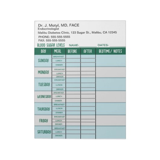 Tabelle der essbaren Blutzuckerspiegel Notizblock (Rotiert)