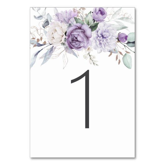 Tabelle Eins Wasserfarben Lila Blumenhochzeit Tischnummer (Rückseite)