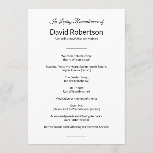 Tabelle für das Foto der Beerdigung Programm (Rückseite)