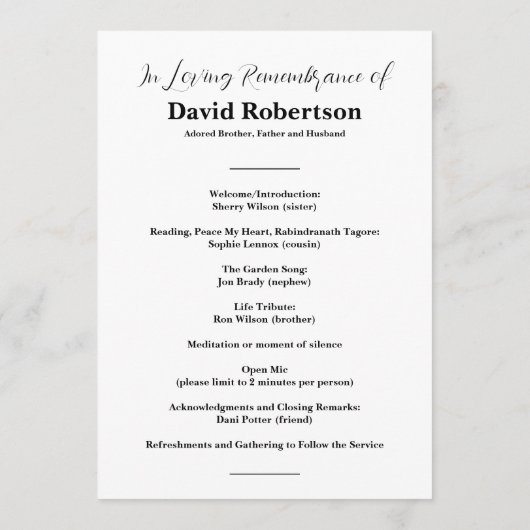 Tabelle für das Foto der Beerdigung Programm (Rückseite)