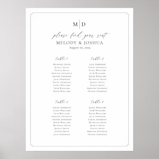 Tabelle für Monogramm 4 - Sitzplakette Poster (Vorne)