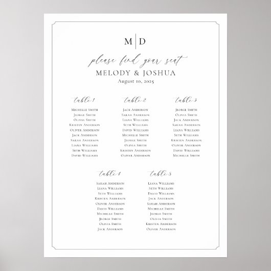Tabelle für Monogramm 5 - Sitzplätze finden Poster (Vorne)