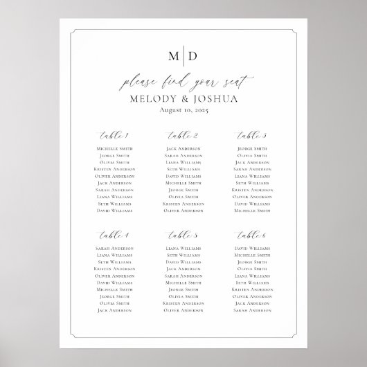 Tabelle für Monogramm 6 - Sitzplätze finden Poster (Vorne)