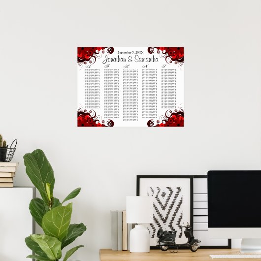 Tabelle mit roten Blüten und weißen Hochzeitstisch Poster (Heimbüro)