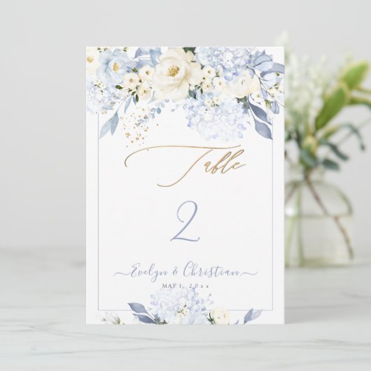 Tabelle Nr. der H2 Blue Hydrangea Cream Rose Einladung (Stehend Vorderseite)