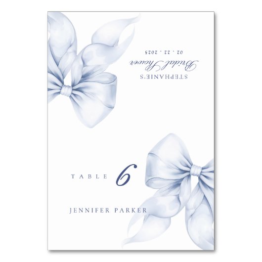 Tabellenkarte "Blue Bow Brautparty Name" Tischnummer (Vorderseite)