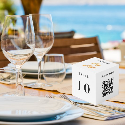 Tabellennummer QR-Code-Menü weißes Geschäftslogo Würfel