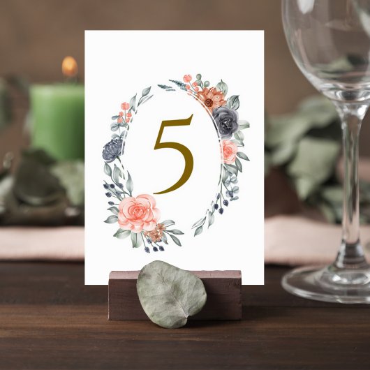 Table Number Card with Soft Peach & Blue Flowers Tischnummer