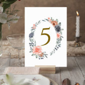 Table Number Card with Soft Peach & Blue Flowers Tischnummer