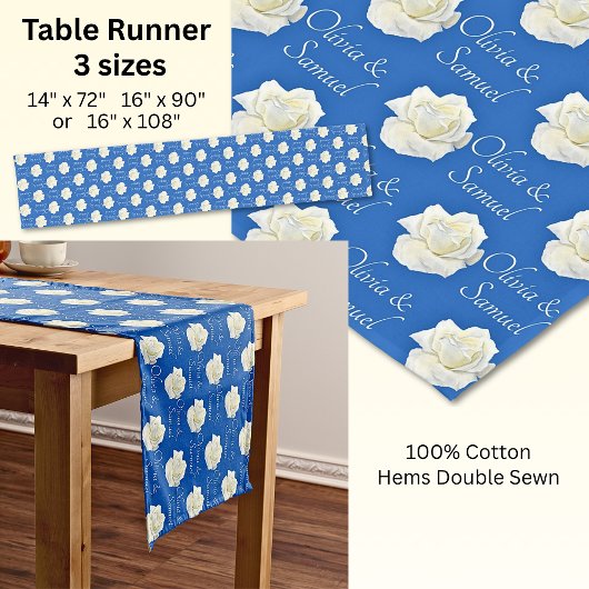 Table Runner Add Names Cobalt Blue White Roses Kurzer Tischläufer