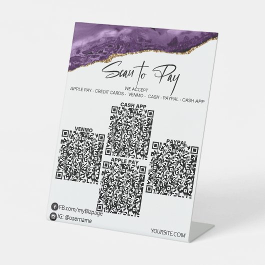 *~* Tabletop 4 QR ZAHLUNGEN Tabelle Zelt Amethyst Sockelschild (Vorderseite)