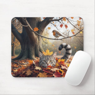 Tablettenkatze In einem Pil aus Herbstblättern Mousepad
