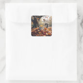 Tablettenkatze In einem Pil aus Herbstblättern Quadratischer Aufkleber (Tasche)