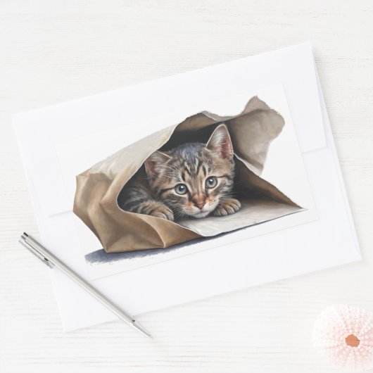Tablettenkatze in Papiertasche Rechteckiger Aufkleber (Umschlag)