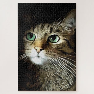 Tablettenkatze mit Abgeschiedenen grünen Augen auf Puzzle