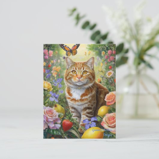 Tablettenkatze mit Blume Postkarte (Stehend Vorderseite)