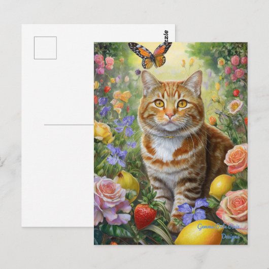 Tablettenkatze mit Blume Postkarte (Vorne/Hinten)