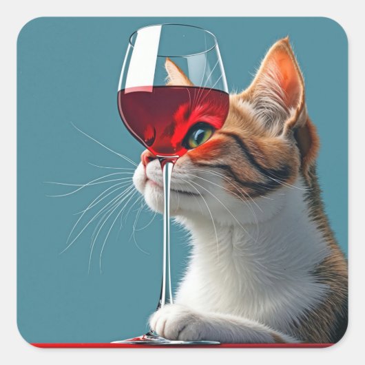 Tablettenkatze mit Glas aus Rotwein Quadratischer Aufkleber (Vorderseite)