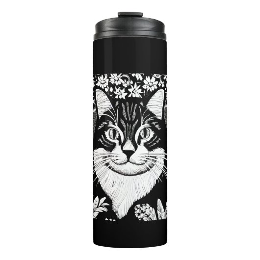 Tablettenkatze Umgeben mit Blume Thermosbecher (Vorderseite)