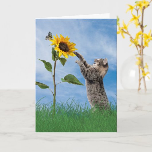 Tablettenkatze zum Geburtstag von Sonnenblumen Karte (Gelbe Blume)
