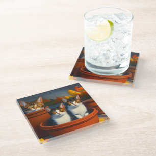 Tablettenkatzen in Pottölfarbe, Glasuntersetzer