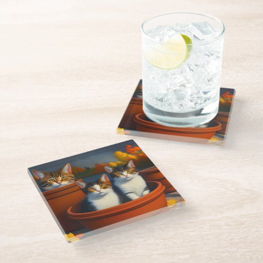 Tablettenkatzen in Pottölfarbe, Glasuntersetzer (Schrägansicht)