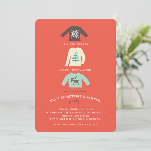 Tacky and Ugly Christmas Sweater Holiday Party Einladung (Stehend Vorderseite)
