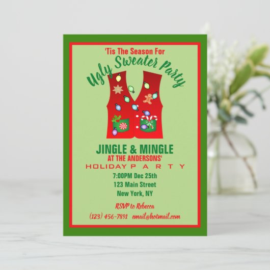 Tacky Christmas Lights Ugly Sweater Party Einladung (Stehend Vorderseite)