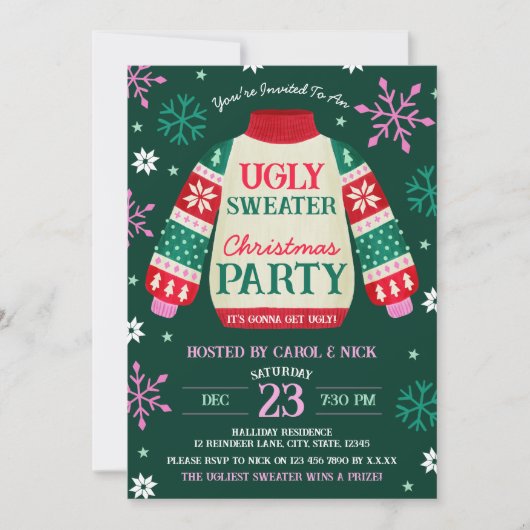 Tacky Festive Ugly Sweater Party Rot und Grün Einladung (Vorderseite)