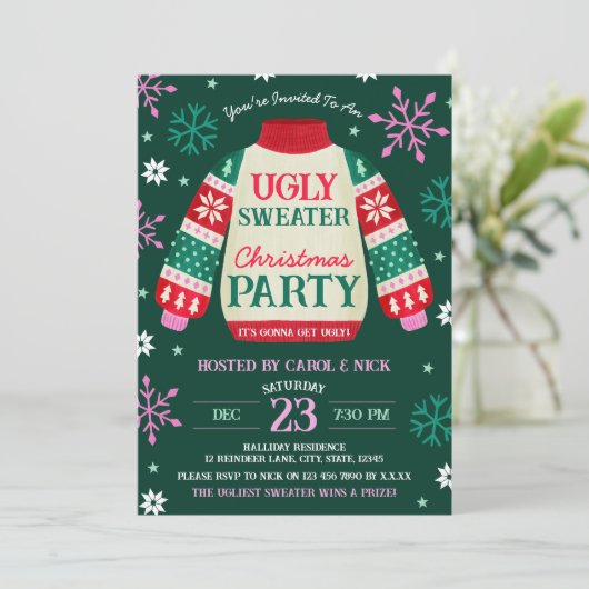Tacky Festive Ugly Sweater Party Rot und Grün Einladung (Stehend Vorderseite)