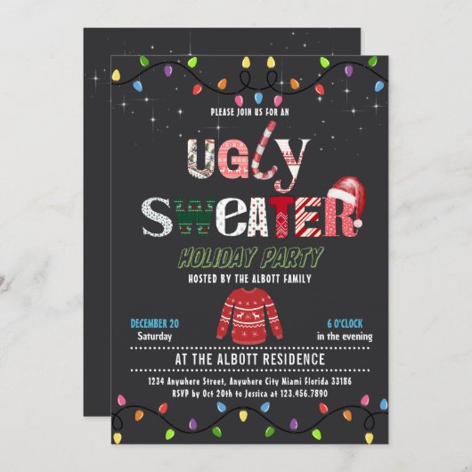 Tacky Ugly Christmas Holiday Sweater Party Einladung (Vorne/Hinten)
