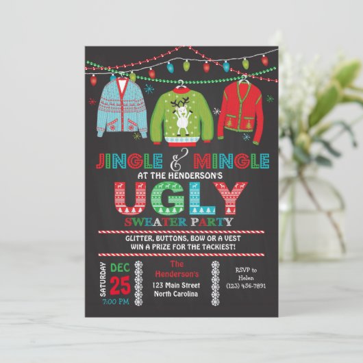 Tacky Ugly Sweater Christmas Party Einladung (Stehend Vorderseite)