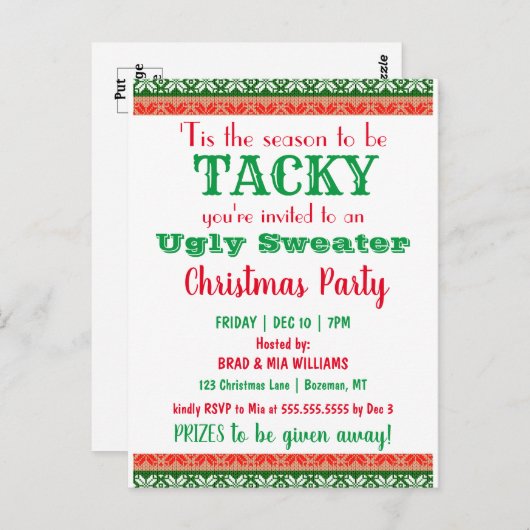 Tacky Ugly Sweater Christmas Party Einladung Postkarte (Vorne/Hinten)