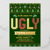 Tacky Ugly Sweater Christmas Party Green Real Gold Folieneinladung (Vorderseite)