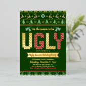 Tacky Ugly Sweater Christmas Party Green Real Gold Folieneinladung (Stehend vorne)