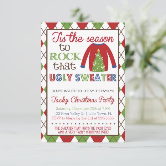Tacky Ugly Sweater Feiertag Party Einladung (Stehend Vorderseite)