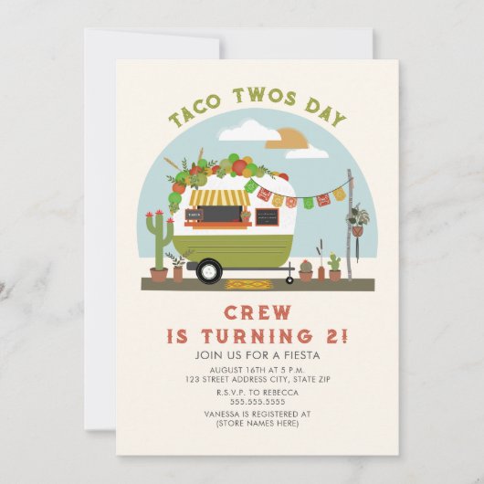 Taco 2. Geburtstag Einladung Green Camper (Vorderseite)