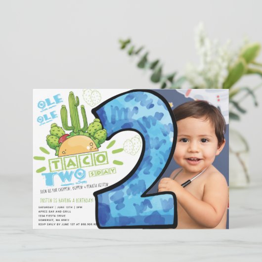 Taco 2. Geburtstag Fiesta Foto Einladung (Stehend Vorderseite)