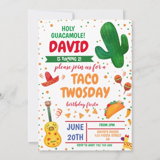 Taco 2 wosday Boy Birthday Fiesta Cactus mexikanis Einladung (Vorderseite)